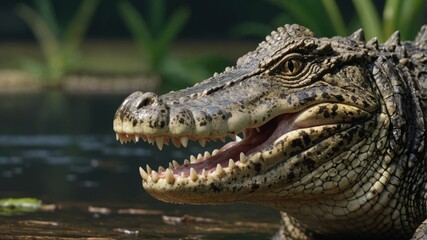 Close-up on a Young Fish-eating crocodile, showing is tooth.