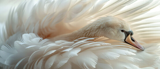 Obraz premium White swan feathers, close-up, texture background, white, soft light and shadow, natural light, fine details, elegant posture, beautiful curves.,,in