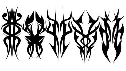 collection of 5 tribal  sword shapes with a stiff touch. Set of Symmetrical Tribal Pattern Cyber ​​Gothic Elements in Abstract White black Print for tattoo, t-shirt, hoodie and sweatshirt or card