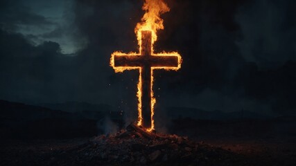 cross on fire flaming cross in a dark landscape embers and smoke.