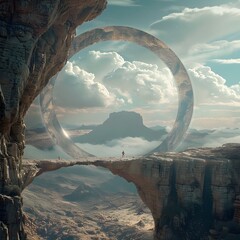 A interdimensional portal arch overlooking a surreal fantastical landscape in a scientific research context inviting and discovery of the unknown 