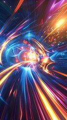 Vibrant and dynamic abstract depicting a luminous futuristic quantum leap through time with rays of energy light trails and dimensional portals 