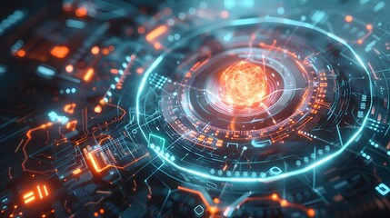Detailed futuristic quantum cryptography device with glowing energy spheres and holographic patterns enhancing cybersecurity and data protection in a high tech virtual world 