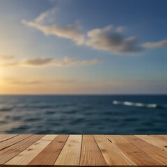 Fototapeta premium Wood table top on sea water and summer sky background Wooden ply and blurry sea background