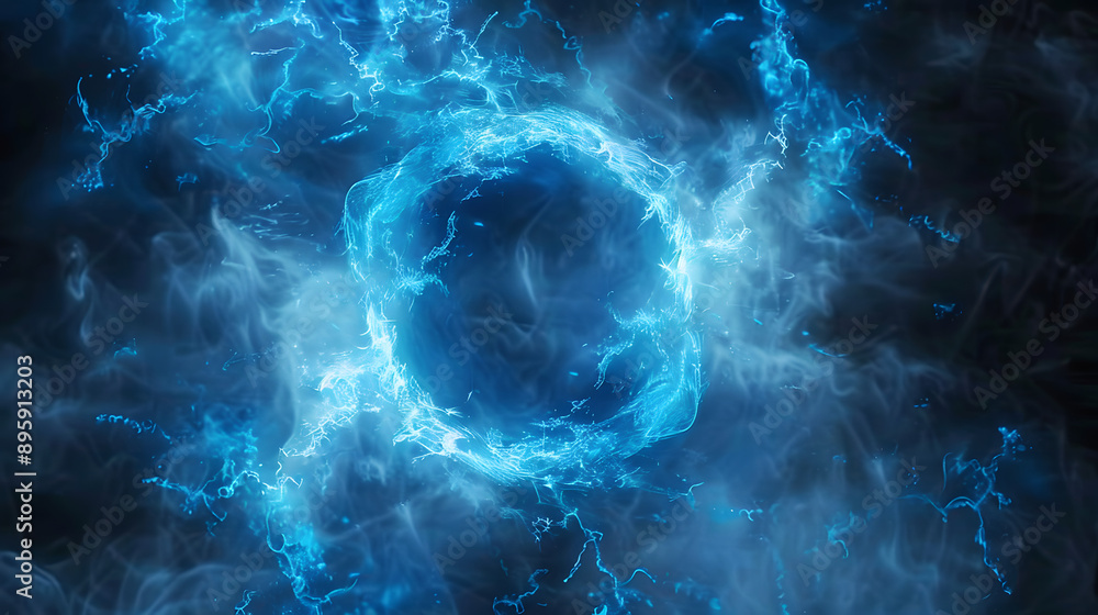 Poster blue energy burst. smoky cloud background. realistic 3d render simulation. magic power circle isolat