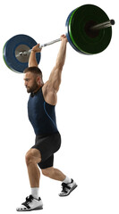 Full length portrait of man in sportswear exercising with weight against transparent background Fit...