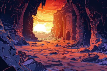 Ancient alien ruins bathed in the warm glow of a setting sun