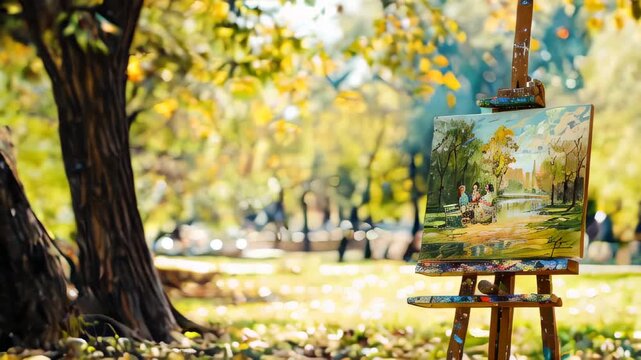 Painting on easel in park, vivid colors, sunlight illuminating scene