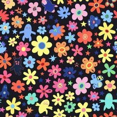 Vibrant Space Adventure Cartoon Pattern with Stars and Planets