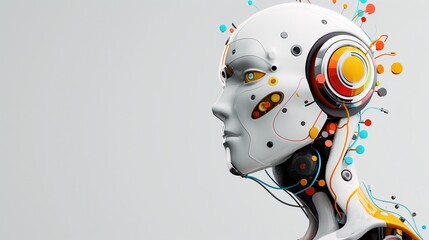 The Future of Intelligence: A futuristic and detailed 3D illustration of an AI robot with colorful wires and circuitry, capturing the essence of technological advancement and artificial consciousness.