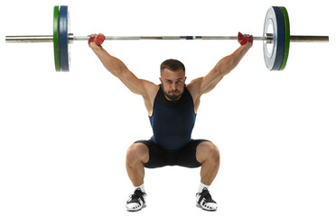 Full length portrait of athletic man in sportswear exercising with weight against transparent...