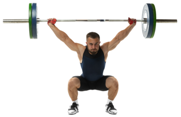Full length portrait of athletic man in sportswear exercising with weight against transparent background. Bodybuilder with barbell training his power and strenght. Sport, weightlifting concept