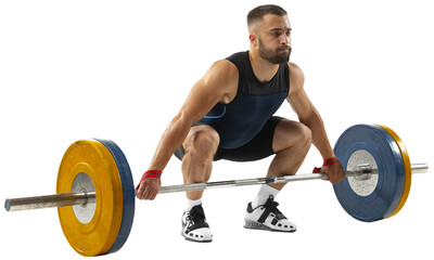 Full length portrait of athletic man in sportswear exercising with weight against transparent...