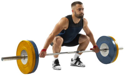 Full length portrait of athletic man in sportswear exercising with weight against transparent background. Athlete with barbell training at abstract gym, training in motion. Weightlifting concept