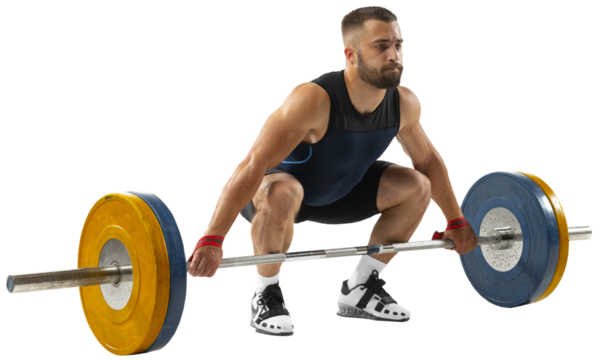 Full length portrait of athletic man in sportswear exercising with weight against transparent background. Athlete with barbell training at abstract gym, training in motion. Weightlifting concept