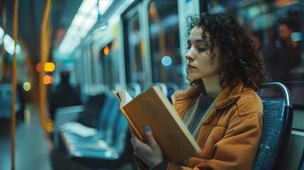 Candid on Public Transport: A woman reading a book on a bus or subway, lost in her own world.
