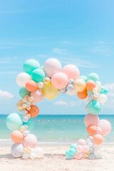 wedding balloon arch, Colorful balloon arch frames beach wedding scene with romantic atmosphere