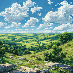 Summer landscape in a hilly region sunny day outdoors with clouds and clear blue sky. Made with generative ai
