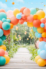 Fototapeta premium balloon arch concepts, Colorful balloon arch frames outdoor event space with red, blue, yellow hues, fairy lights illuminating evening sky.