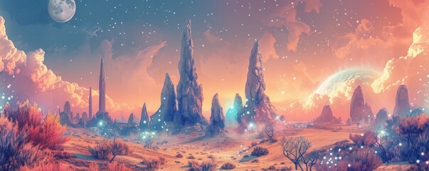 A watercolor painting of a desolate alien planet with towering rock formations, glowing flora, and a mysterious alien artifact.