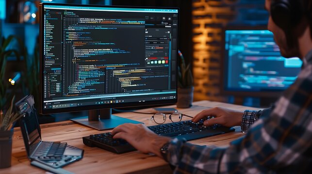 Close up of a programmer's custom development environment with unique keyboard shortcuts themes plugins showcasing the personalized tech workspace for effective software engineering and coding