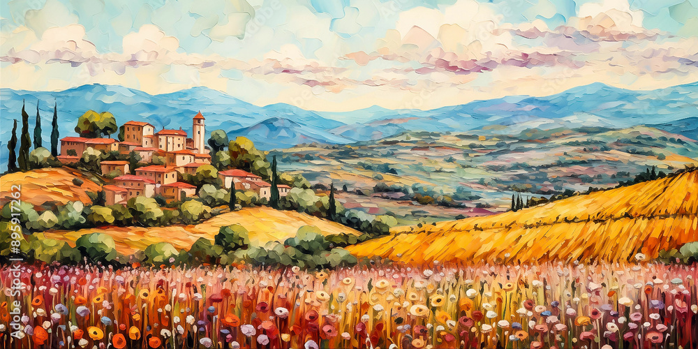 Sticker panoramic view, summer landscape. printable horizontal illustration of oil painting style