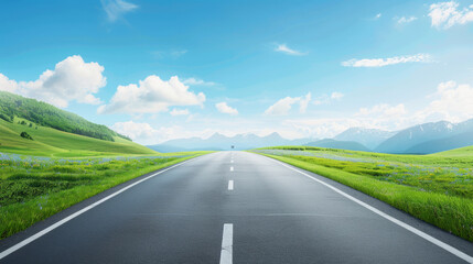 Fototapeta premium futuristic investment, Deserted highway, electric vehicle cruising through picturesque countryside, showcasing the efficiency of electric travel in nature.