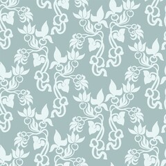 Seamless pattern in Art Nouveau style. Botanical isolated elements on a colored background in vintage stylization. Wrapping paper, scrap paper, textiles, wallpaper