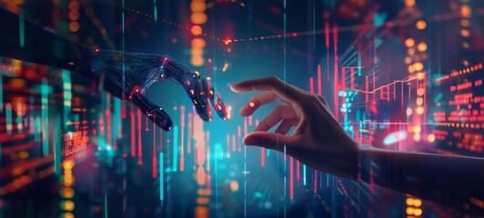 Artificial intelligence joining human hand in digital data stream
