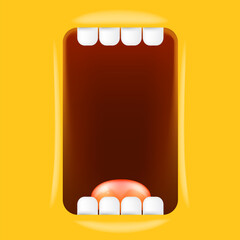 Vector Cartoon wide open mouth isolated on orange background. Funny and cute Halloween Monster open mouth with big white teeth and pink tongue