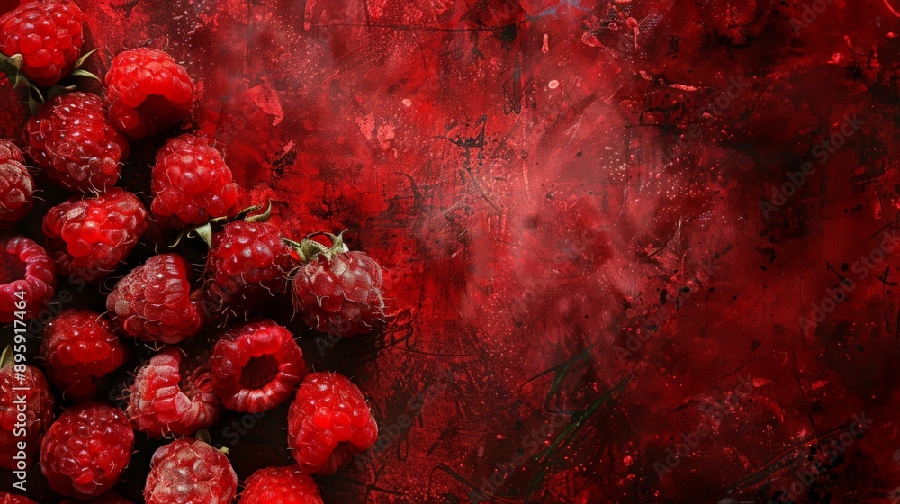Poster close-up view of fresh raspberries on a vibrant red textured background. perfect for food-themed pro