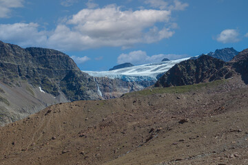 Gepatschferner panorama with the glacier suspended over the valley and 1850 age moraine foreground, Vallelunga, Alto Adige - Sudtirol, Italy. The glaciers are in rapid retreat caused by global warming