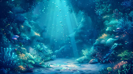 Fototapeta premium Creative Illustration and Innovative Art: Mysterious and Peaceful Undersea World. Realistic Fantastic Cartoon Style Character, Story, Card Design