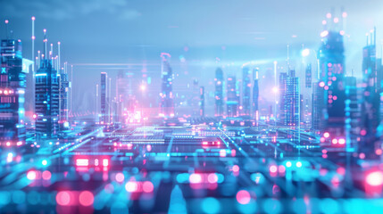 Fototapeta premium AI cyber security, Vibrant digital networks with glowing AI systems and cyber security messages in futuristic cityscape.