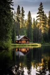 Fototapeta premium wooden cabin in a dense forest