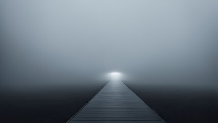 Misty boardwalk leading into foggy marshland at dusk. Road to nowhere. Atmospheric spooky landscape. Copy space