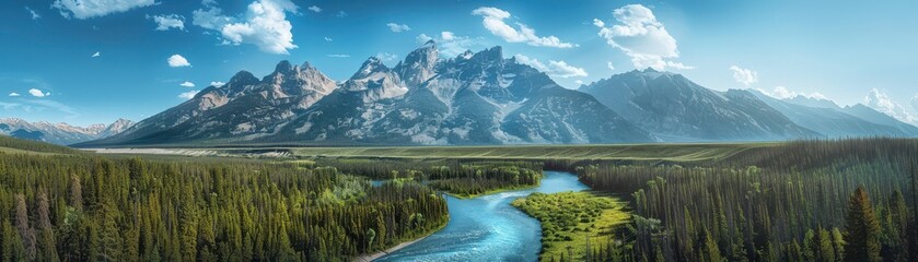 Fototapeta premium Stunning Panoramic View of Majestic Mountain Range with Serene River and Lush Forest Under Clear Blue Sky