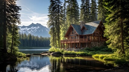 Fototapeta premium wooden cabin in a dense forest