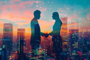 Male and Female Business Professionals Shaking Hands with Cityscape Background