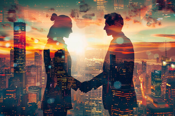 Business Partnership and Collaboration - Silhouetted Businesspeople Shaking Hands with a Cityscape Background