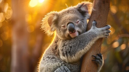 Fototapeta premium A cute koala hugging a tree branch in the Australian outback