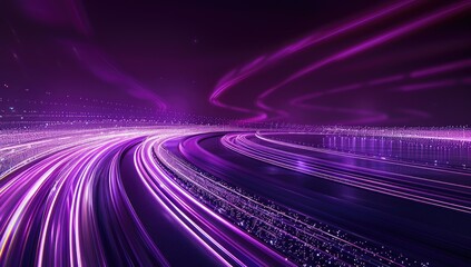 Abstract curved light lines in blue and purple colors on dark background. Glowing neon effect with motion blur for futuristic technology