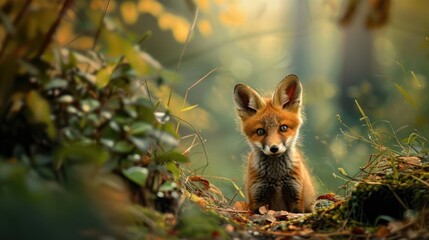 Obraz premium A fluffy fox cub peeking out from its den in a vibrant forest
