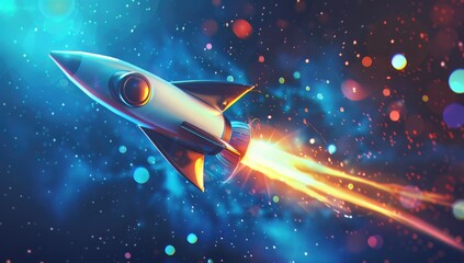 Rocket Launching into Space with Vibrant Nebula Background and Bokeh Effect
