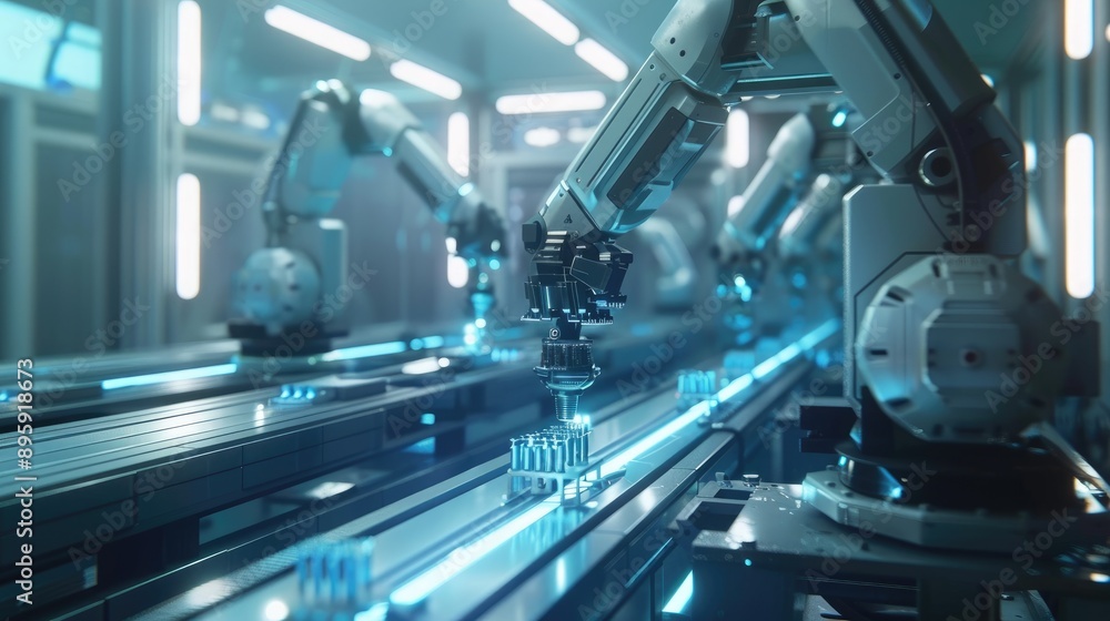 Poster advanced robotic arms assembling products in a futuristic factory