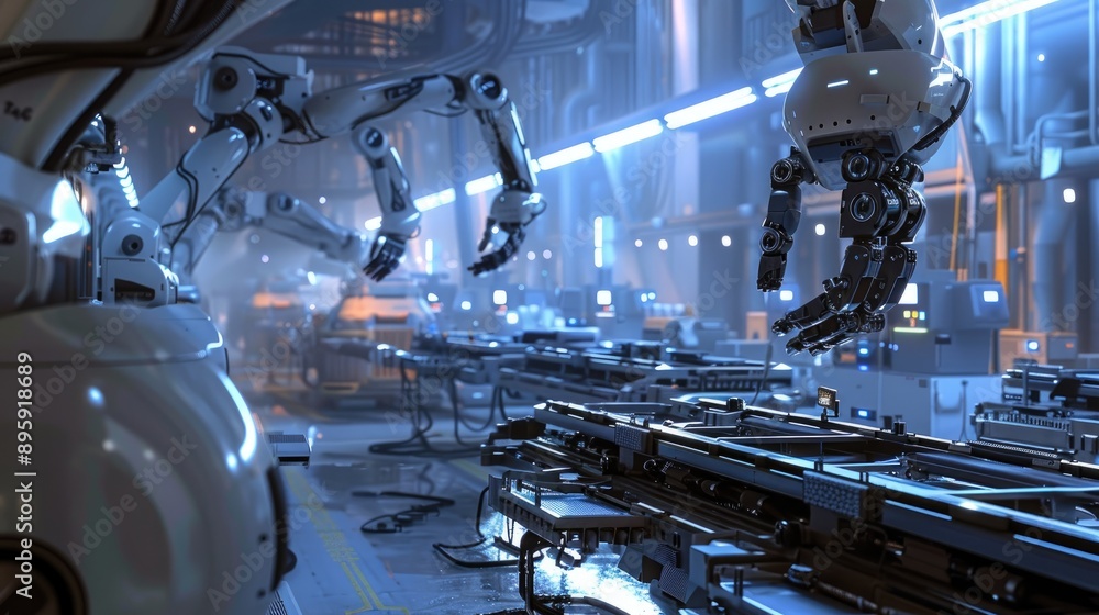 Poster advanced robotic arms assembling products in a futuristic factory