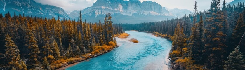 Stunning Mountain River Landscape with Pine Forest and Majestic Peaks in the Background