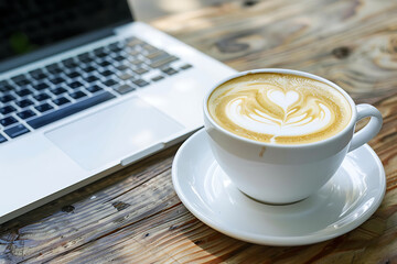 A cup of coffee with latte art in the shape of heart on white plate and laptop computer beside at wooden table