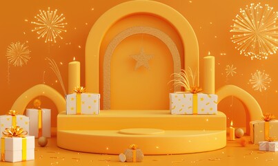 Orange podium product 3d background display stage platform with minimal yellow pedestal scene studio space show stand or geometric object presentation banner and summer fashion advertising backdrop