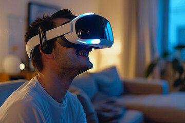 Man Enjoying Virtual Reality Experience in Cozy Home Setting,Immersive VR Gaming with Headset